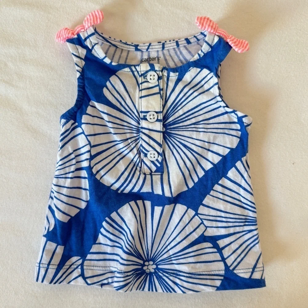 Blue and White Print Sleeveless Top with Coral Bows